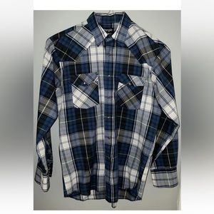 Wrangler Mens Blue Plaid Western Dress Shirt Pearl Snap Sz Medium X-Long Tails